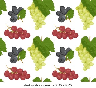 Branches of red, black and green grapes with leaves. Seamless pattern in vector. Suitable for backgrounds and prints.