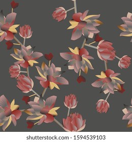 Branches red flowers on a grey background. Vector illustration. Seamless pattern. EPS10