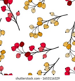 Ramas con bayas rojas y amarillas sobre fondo blanco.Patrón veloz. Diseño para tela, impresión, envoltura. 