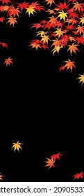 Branches with red and yellow leaves in October. Autumn branches of Japanese maple on a black background. Vertical composition in a flat style. Vector.