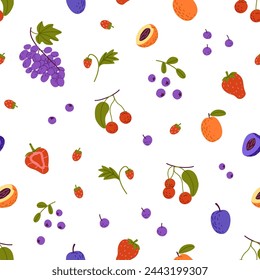 Branches of ripe berries on repeatable pattern. Fresh tropical fruit, slices of apricot. Exotic food of garden. Summer crop: grape, strawberry. Flat seamless vector illustration on white background