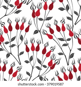 Branches rosehip berries, seamless vector pattern.