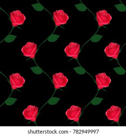 Branches of roses on a black background, vertical seamless pattern.