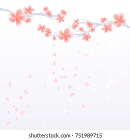 Branches of Sakura with Pink flowers isolated on light Violet gradient background. Sakura flowers. Cherry blossom. Vector EPS 10 cmyk