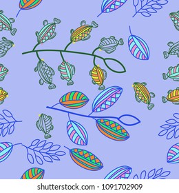 Branches  seamless  pattern with  fishes, leaves . Hand drawn.