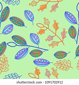 Branches  seamless  pattern with  fishes, leaves . Hand drawn.
