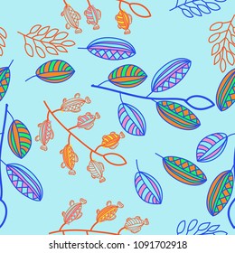 Branches  seamless  pattern with  fishes, leaves . Hand drawn.