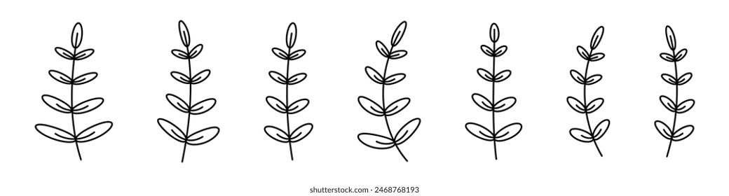 Verzweigungen festgelegt. Blumenzweige gesetzt. Blumige botanische Linie Kunst. Dekorative Elemente Blätter.