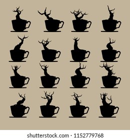 branches and shadows of bonsai tree. branch silhouette icon set, symbol, design. vector illustration isolated on  background. Japanese hawthorn bonsai, Detailed image, Mini tree in pot.