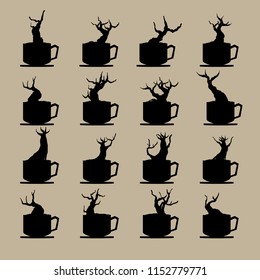 branches and shadows of bonsai tree. branch silhouette icon set, symbol, design. vector illustration isolated on  background. Japanese hawthorn bonsai, Detailed image, Mini tree in pot.