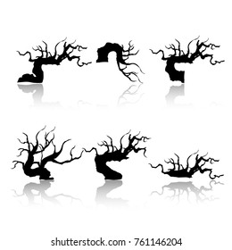 branches and shadows of bonsai tree. 
plant silhouette icons on white background.   
