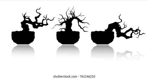 branches and shadows of bonsai tree. 
plant silhouette icons on white background.   
