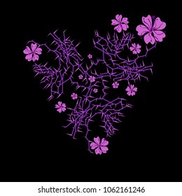 Branches in the shape of a heart, in blossom.