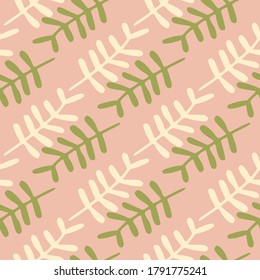 Branches silhouettes seamless doodle pattern. Floral elements in green and white colors on pink background. Designed for textile, wrapping paper, fabric print. Vector illustration.
