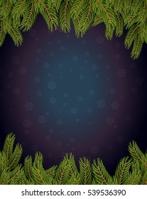 Branches of spruce frame. Snowflakes fly. Snowfall on dark Background for Christmas and New Year