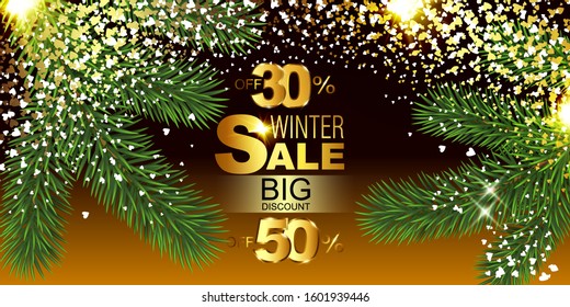 Branches of spruce on a Golden background. Decorative greeting card with New year and Christmas. Advertising banner for trade and big discounts