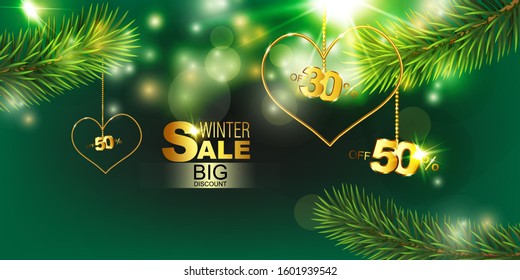 Branches of spruce on a green background. Decorative greeting card with New year and Christmas. Advertising banner for trade and big discounts
