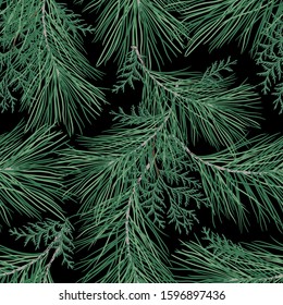 Branches of spruce, pine and thuja on a seamless background. Decorative greeting card happy New year and merry Christmas. Advertising banner for trade and sale