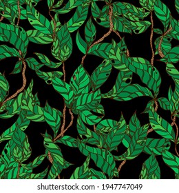 ramas con hojas rayadas vectorial sin costura. Una cubierta de ramas sobre un fondo de color