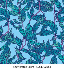 branches with striped leaves vector seamless pattern. A hedge of twigs on a colored background
