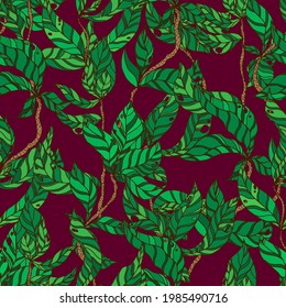 branches with striped leaves vector seamless pattern. A hedge of twigs on a colored background