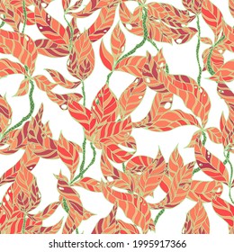 branches with striped leaves vector seamless pattern. A hedge of twigs on a colored background
