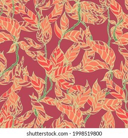 branches with striped leaves vector seamless pattern. A hedge of twigs on a colored background