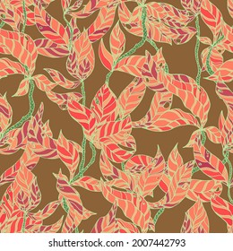 ramas con hojas rayadas vectorial sin costura. Una cubierta de ramas sobre un fondo de color