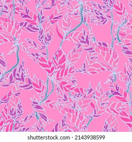 branches with striped leaves vector seamless pattern. A hedge of twigs on a colored background