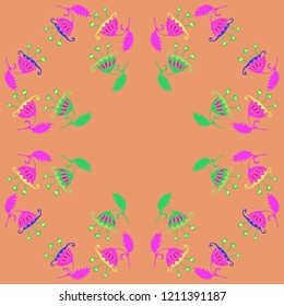 Branches stylized  pattern, leaf, flowers . Hand drawn.
