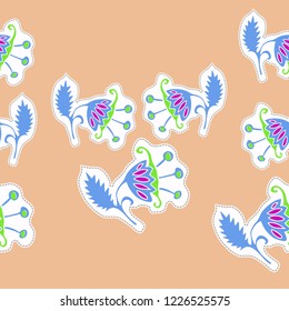 Branches stylized seamless   pattern, leaf, flowers, dashed lines, labels . Hand drawn.