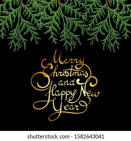 Branches of thuja on a winter background. Decorative greeting card happy New year and merry Christmas. Advertising banner for trade and sale