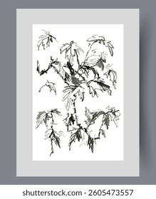 Branches of tree or bush growing in botanical garden or forest on poster. Watercolor artwork. Wall art with tree branches as metaphor for environmental diversity, in frame with decor for print