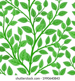 Branches tree with green foliage seamless pattern. Cartoon spring nature elements, botanical textures for poster, vector illustration of wallpaper with plants