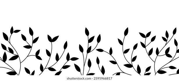 Branches of tree with leaves. Spring and summer background template. Isolated black silhouette on white background. Vector illustration