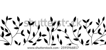 Branches of tree with leaves. Spring and summer background template. Isolated black silhouette on white background. Vector illustration