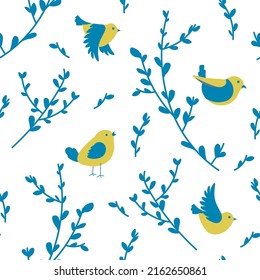 Branches of tree of shrubs with birds, flying avian animals. Wildlife and flora, fauna and nature biodiversity. Background or print, wallpaper or textile seamless pattern. Vector in flat style