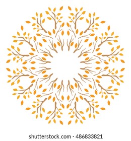 Branches of a tree with yellow leaves. Round frame from leaves. Hello Autumn. Set leaves on a white background.  Colorful autumn leaves set. Leaves border. Mandala from leaves