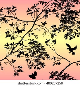 The branches of the trees, the birds, the sky. seamless pattern