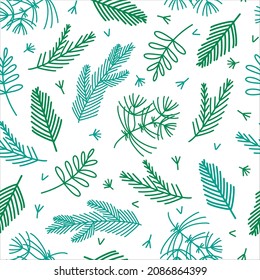 Branches of trees - Christmas tree, pine, cedar, fir. Hand-drawn seamless vector pattern. Needle twigs, small thorns and barb on a white background. Festive template, backdrop in flat style.
