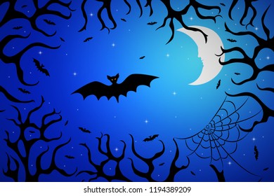 Branches of trees of a scary forest against the background of the night sky lit by the bright moon, bats in the backlight. Invitation to Halloween