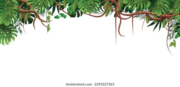 Branches tropical jungle composition with top frame of exotic leaves and vines with empty space below vector illustration svg