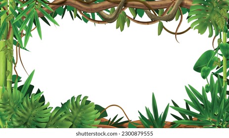 Branches tropical jungle frame with composition of empty space surrounded by leaves stalks and tree trunks vector illustration