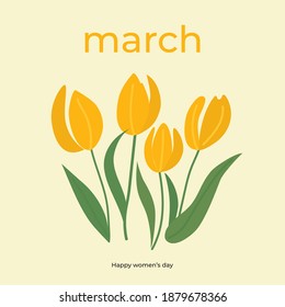 Branches of tulip flowers and green leaves. Bouquet of yellow tulips isolated on white. Floral march design. Greeting card template. Women's day festive vector illustration