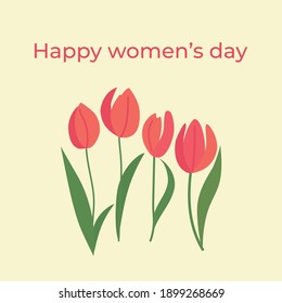 Branches of tulip flowers and green leaves. Bouquet of red tulips isolated. Floral design. Greeting card template. Women's day festive vector illustration
