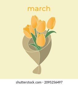 Branches of tulip flowers and green leaves. Bouquet of yellow tulips isolated on white. Floral march design. Greeting card template. Women's day festive vector illustration