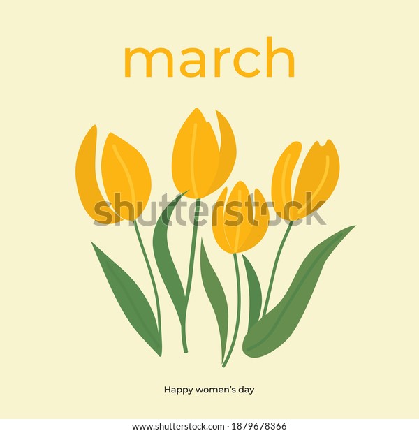 Branches of tulip\
flowers and green leaves. Bouquet of yellow tulips isolated on\
white. Floral march design. Greeting card template. Women\'s day\
festive vector\
illustration