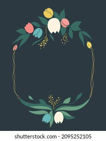 Branches of tulips and green leaves. Beautiful frame from tulips. Floral march design. Greeting card template. Womens day festive vector illustration 