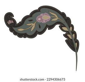 Branches and twigs, isolated flowers with leaves and foliage. Paisley ornament with buds and leafage, natural decoration element. Stem with flowering and flourishing art. Vector in flat style