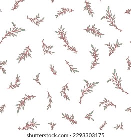 Branches and twigs of spring flora, botany decoration. Summer leaves and foliage design, elegant minimalist botanic ornament. Seamless pattern, wallpaper print or background. Vector in flat style